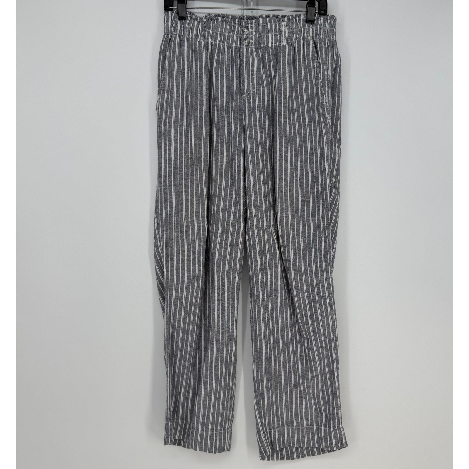 Briggs Linen Blend Pants Women Medium Blue Striped Coastal Casual Beachy Relaxed